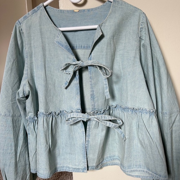Free People Cotton Denim Brunch Babe Blouse - Picture 3 of 8